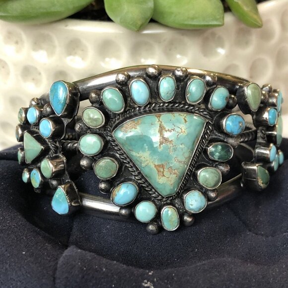 Navajo Indian 70 grams Sterling Silver Turquoise Cluster Bracelet Signed - Picture 2 of 16